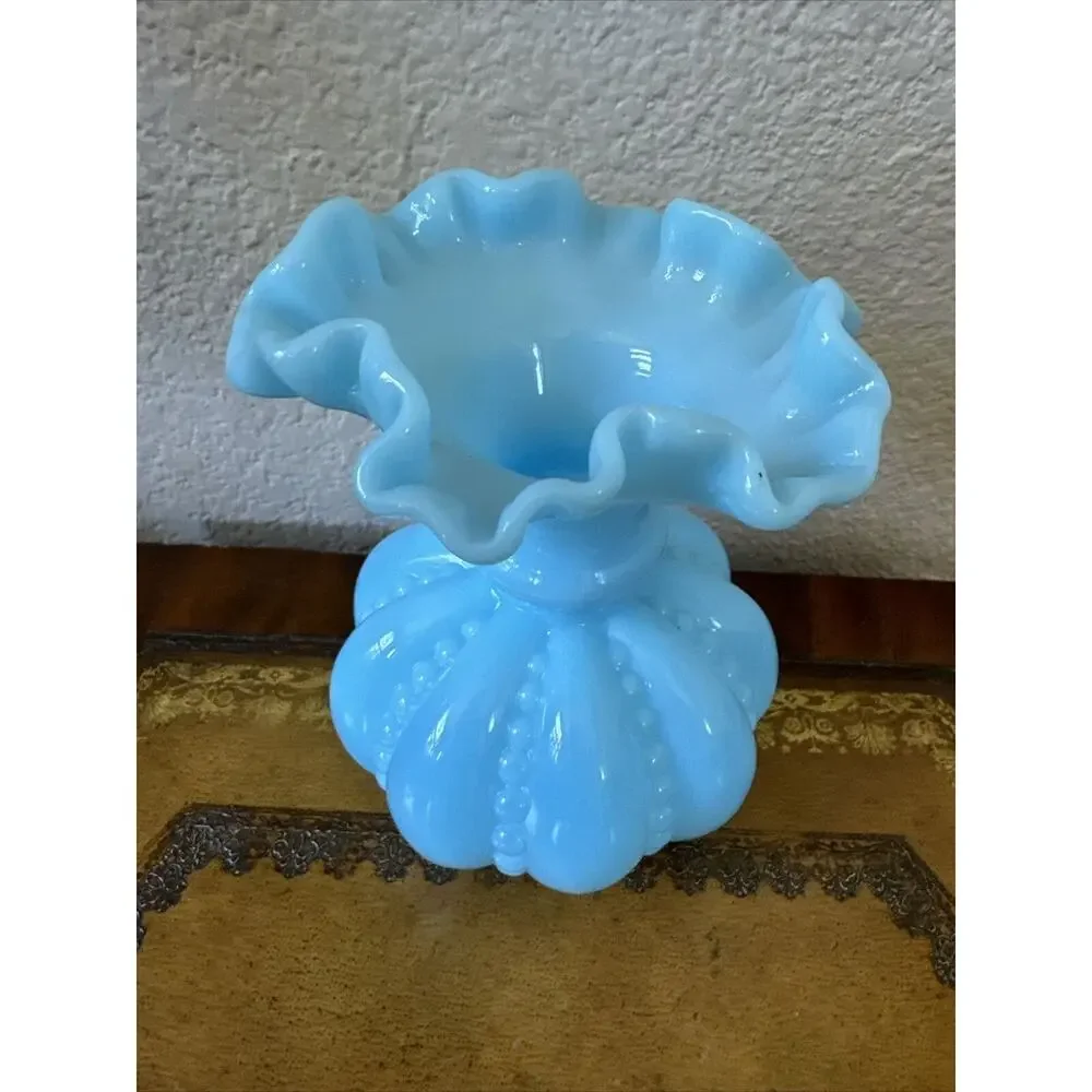 1970s Rare Fenton‎ Blue Milk Glass Beaded Melon Double Crimped Ruffled 6